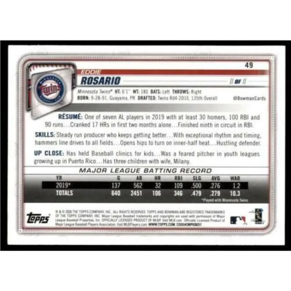 2020 Bowman Base #49 Eddie Rosario - Minnesota Twins